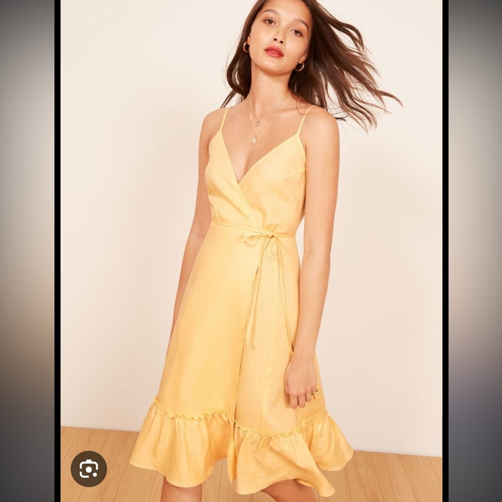Yellow linen reformation wrap dress